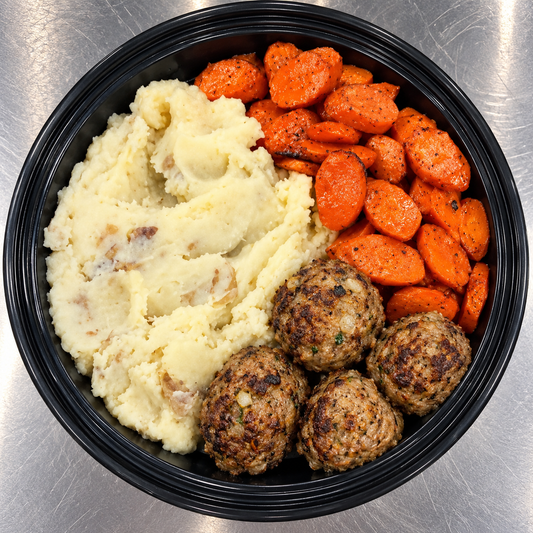 62 Chicken Meatballs/ Mashed Potatoes/ Roasted Carrots
