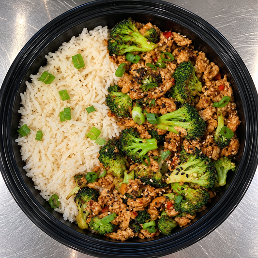 12 Ground Pork/ White Rice / Broccoli
