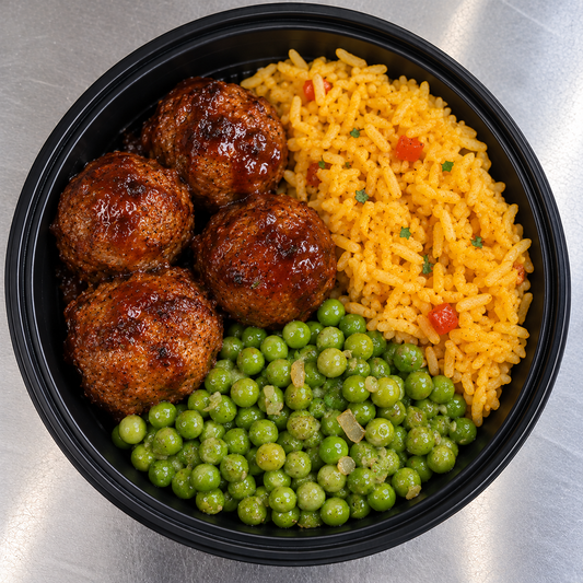 53 BBQ Meatballs / Yellow Rice / Green Peas